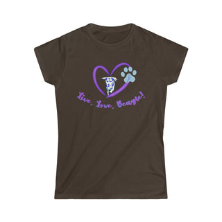 Live, Love, Beagle Women's Softstyle Tee in Dark Chocolate. The Live, Love, Beagle design features a dog running through a heart with the phrase "Live, Love, Beagle!" under it.