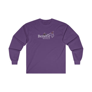 Witchy Cat Unisex Ultra Cotton Long Sleeve Tee. Front side shown in Purple with a Seasonal Benefit Beagle Logo Design. Back side showcases Wide Eyed Cartoon Cat wearing Purple Hat Standing over Broom. "Crossing Paths Since 1692". Purrfect for Halloween, or anytime!