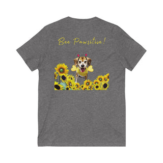 Bee Pawsitive Unisex V-neck Tee shirt in Deep Heather. Shown is back of shirt showcasing a dog dressed as as bee in a a field of sunflowers with the phrase "Bee Pawsitive!" above it. The front features the Bee Pawsitive Benefit Beagle Logo.