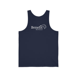 Signature Tattoo Flowers Unisex Jersey Tank in Navy. Shown is back of shirt with the Benefit Beagle Logo. Front of shirt has the Signature Tattoo Flowers design featuring a dog with flowers around it and the phrase "Beagletude" and "Nothing is Impawssible".