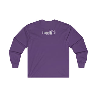 Easily Distracted Ultra Cotton Long Sleeve Tee in Purple. Shown is back design with the classic Benefit Beagle Logo. The front design features a dog waving with the saying "Easily Distracted by Dogs" below it.