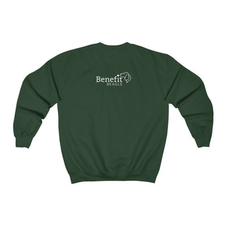 Signature Tattoo Roses Crewneck Sweatshirt in Forest Green. Shown is back of shirt with the Benefit Beagle Logo. Front of shirt has the Signature Tattoo Roses design featuring a dog with roses around it and the phrase "Beagletude" and "Nothing is Impawssible".