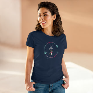 Dog Hair is my Glitter Women's Midweight Cotton Tee in Navy. The Dog Hair is my Glitter design features a dog with the phrase "Dog Hair is my Glitter" above it and it is surrounded by a circle with paw prints.