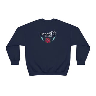 Stay Wild Unisex Heavy Blend Crewneck Sweatshirt in Navy.  Shown is the back of shirt with Benefit Beagle Logo complete with Tattoo Rose. On front of shirt is Stay Wild Design featuring a tattoo style rose with the phrase "Stay Wild, Play Hard" around it.