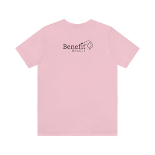 Easily Distracted Unisex Jersey Short Sleeve Tee in Pink. Shown is back design with the classic Benefit Beagle Logo. The front design features a dog waving with the saying "Easily Distracted by Dogs" below it.