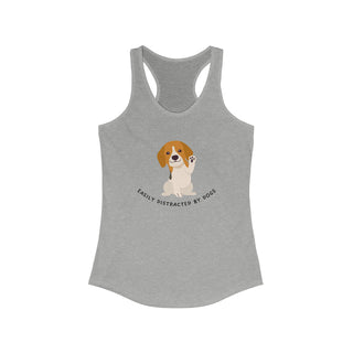 Easily Distracted Women's Racerback Tank in Heather Grey. Shown is front design featuring a dog waving with the saying "Easily Distracted by Dogs" below it. The back of shirt has the classic Benefit Beagle Logo.