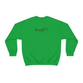 Easily Distracted Unisex Heavy Blend Crewneck Sweatshirt in Kelly Green. Shown is back design with the classic Benefit Beagle Logo. The front design features a dog waving with the saying "Easily Distracted by Dogs" below it.