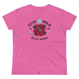 Stay Wild Women's Midweight Cotton Tee in Azalea. Shown is front of Stay Wild Design features a tattoo style rose with the phrase "Stay Wild, Play Hard" around it. The back of shirt features the Stay Wild Benefit Beagle Logo Design.