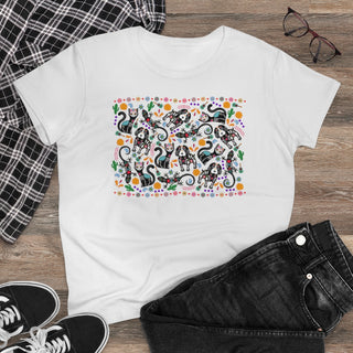 Dia De Los Muertos Women's Midweight Cotton Tee Shirt in White. Shown is the front of shirt featuring print of dogs and cats with Dia de los Muertos traditional decorations. On the back is a similar Benefit Beagle Logo.