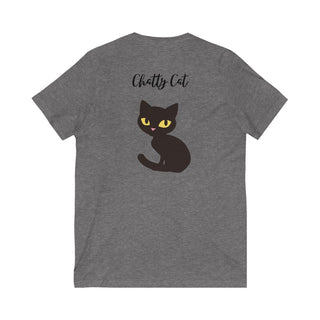 Meow Unisex V-Neck Tee in Deep Heather. Shown is back showcasing a wide eyed black cartoon cat with the phrase "Chatty Cat" above it. On front of shirt is the Benefit Beagle Logo featuring a peeping cat.