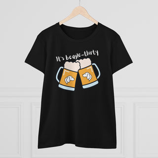 Beagle-Thirty Mugs Women's Midweight Cotton Tee in Black. The front of shirt showcases Two Dog Adorned Mugs clinking with the saying, "It's Beagle-Thirty" above it. Back of shirt features corresponding Benefit Beagle Logo.