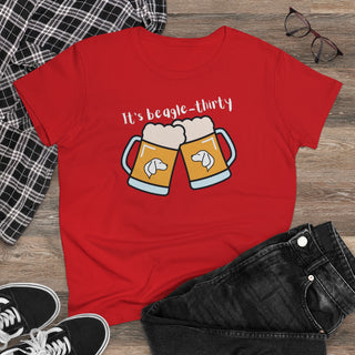 Beagle-Thirty Mugs Women's Midweight Cotton Tee in Red. The front of shirt showcases Two Dog Adorned Mugs clinking with the saying, "It's Beagle-Thirty" above it. Back of shirt features corresponding Benefit Beagle Logo.