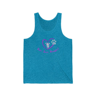 Live, Love, Beagle Unisex Jersey Tank in Aqua Triblend. The Live, Love, Beagle design features a dog running through a heart with the phrase "Live, Love, Beagle!" under it.