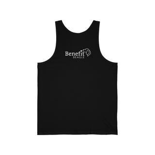 Easily Distracted Unisex Jersey Tank in Black. Shown is back design with the classic Benefit Beagle Logo. The front design features a dog waving with the saying "Easily Distracted by Dogs" below it.