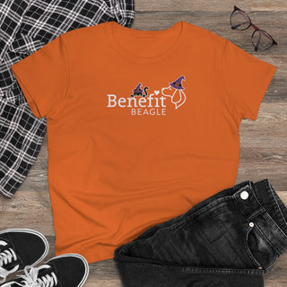 A slightly more fitted take of a classic short sleeve cotton tee. This contoured silhouette is made out of a soft, light cotton. Front side shown in Orange with a Seasonal Benefit Beagle Logo Design. Back side showcases Wide Eyed Cartoon Cat wearing Purple Hat Standing over Broom. "Crossing Paths Since 1692". Purrfect for Halloween, or anytime!