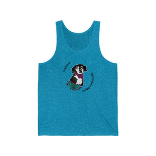 Signature Tattoo Roses Unisex Jersey Tank in Aqua Triblend. Shown is front of shirt with the Signature Tattoo Roses design featuring a dog with roses around it and the phrase "Beagletude" and "Nothing is Impawssible". Back of shirt features the Benefit Beagle Logo.