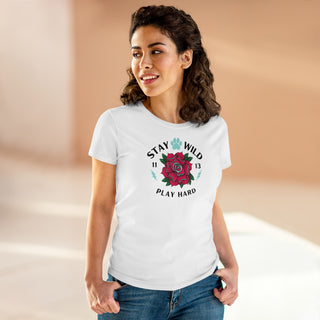 Stay Wild Women's Midweight Cotton Tee in White. Shown is front of Stay Wild Design features a tattoo style rose with the phrase "Stay Wild, Play Hard" around it. The back of shirt features the Stay Wild Benefit Beagle Logo Design.