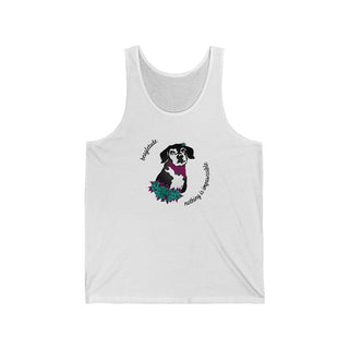 Signature Tattoo Roses Unisex Jersey Tank in White. Shown is front of shirt with the Signature Tattoo Roses design featuring a dog with roses around it and the phrase "Beagletude" and "Nothing is Impawssible". Back of shirt features the Benefit Beagle Logo.