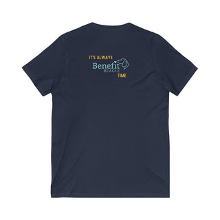 Beagle-Thirty Bottles Unisex Jersey Short Sleeve V-Neck Tee in Navy. Shown is back of shirt featuring "Beagle-Thirty" Benefit Beagle Logo. The front Showcases Two Paw Labeled Bottles clinking with, "It's Beagle-Thirty" written next to it.