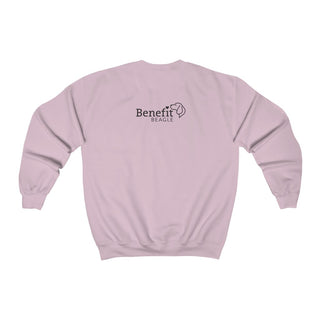 Signature Tattoo Roses Crewneck Sweatshirt in Light Pink. Shown is back of shirt with the Benefit Beagle Logo. Front of shirt has the Signature Tattoo Roses design featuring a dog with roses around it and the phrase "Beagletude" and "Nothing is Impawssible".