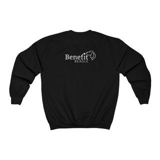 Signature Tattoo Flowers Crewneck Sweatshirt in Black. Shown is back of shirt with the Benefit Beagle Logo. Front of shirt has the Signature Tattoo Flowers design featuring a dog with flowers around it and the phrase "Beagletude" and "Nothing is Impawssible".