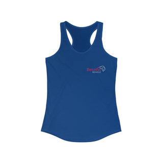 Different Pawspective Women's Racerback Tank in Royal. Shown is front of shirt with Benefit Beagle logo in the top corner . On the back is large colorful pawprint with the the phrase "Life is all about finding the beauty in a different pawspective" circled around it.