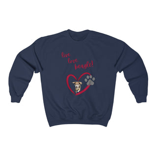 Live, Love, Beagle Crewneck Sweatshirt in Navy. The Live, Love, Beagle design features a dog running through a heart with the phrase "Live, Love, Beagle!" above it.