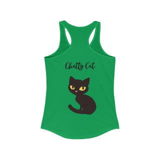 Meow Women's Racerback Tank in Kelly Green. Shown is back showcasing a wide eyed black cartoon cat with the phrase "Chatty Cat" above it. On front of shirt is the Benefit Beagle Logo featuring a peeping cat.