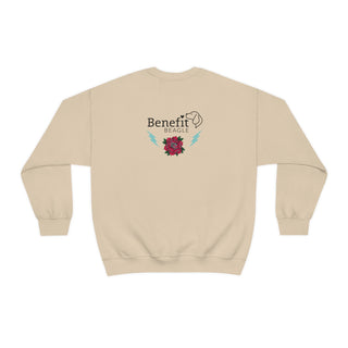 Stay Wild Unisex Heavy Blend Crewneck Sweatshirt in Sand.  Shown is the back of shirt with Benefit Beagle Logo complete with Tattoo Rose. On front of shirt is Stay Wild Design featuring a tattoo style rose with the phrase "Stay Wild, Play Hard" around it.