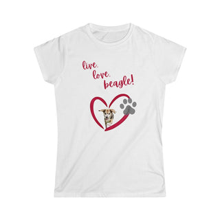 Live, Love, Beagle Women's Softstyle Tee in White. The Live, Love, Beagle design features a dog running through a heart with the phrase "Live, Love, Beagle!" above it.