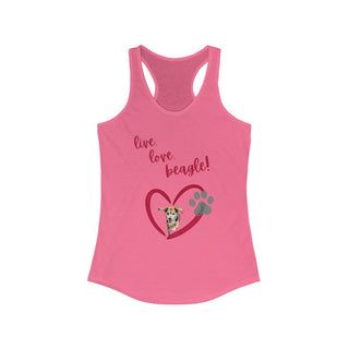 Live, Love, Beagle Women's Ideal Racerback Tank in Hot Pink. The Live, Love, Beagle design features a dog running through a heart with the phrase "Live, Love, Beagle!" above it.