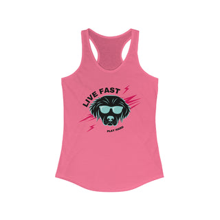 Play Hard Women's Ideal Racerback Tank in Hot Pink. The design features a cool dog with sunglasses and lightening bolts around it. The phrase "Live Fast, Play Hard" is around the design.