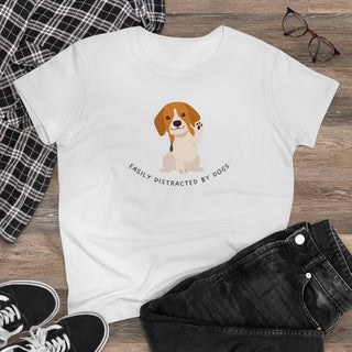 Easily Distracted Women's Midweight Cotton Tee in Team White. Shown is front design featuring a dog waving with the saying "Easily Distracted by Dogs" below it. The back of shirt has the classic Benefit Beagle Logo.