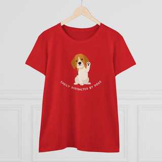 Easily Distracted Women's Midweight Cotton Tee in Red. Shown is front design featuring a dog waving with the saying "Easily Distracted by Dogs" below it. The back of shirt has the classic Benefit Beagle Logo.