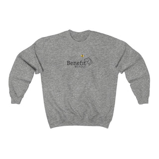 Bee Pawsitive Unisex Crewneck Sweatshirt in Sport Grey. The front of shirt features the Bee Pawsitive Benefit Beagle Logo. The back of shirt showcases a dog dressed as a bee in a field of sunflowers with "Bee Pawsitive" written above.