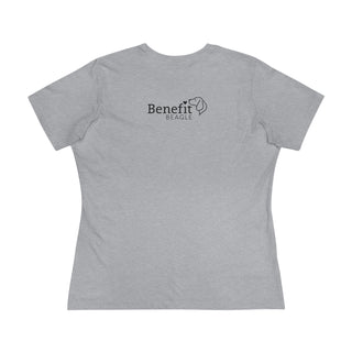 Easily Distracted Women's Premium Tee in Athletic Heather. Shown is back design with the classic Benefit Beagle Logo. The front design features a dog waving with the saying "Easily Distracted by Dogs" below it.