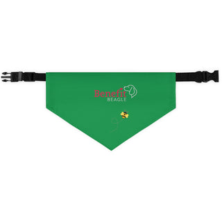 Bee Pawsitive Dog Collar Bandana in Green. The Bee Pawsitive design features the Benefit Beagle logo with a bumble bee flying under it. Comes with adjustable black collar.