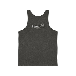 Easily Distracted Unisex Jersey Tank in Charcoal Black Triblend. Shown is back design with the classic Benefit Beagle Logo. The front design features a dog waving with the saying "Easily Distracted by Dogs" below it.