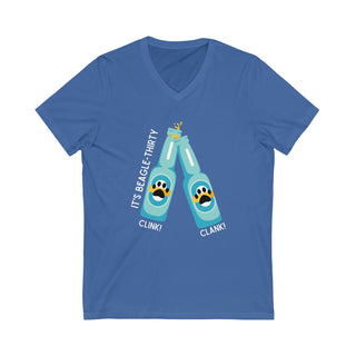 Beagle-Thirty Bottles Unisex Jersey Short Sleeve V-Neck Tee in True Royal. The front of shirt showcases Two Paw Labeled Bottles clinking with the saying, "It's Beagle-Thirty". Back of shirt features corresponding Benefit Beagle Logo.