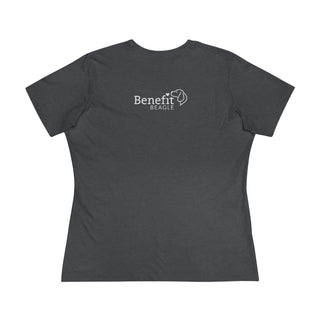 Easily Distracted Women's Premium Tee in Asphalt. Shown is back design with the classic Benefit Beagle Logo. The front design features a dog waving with the saying "Easily Distracted by Dogs" below it.