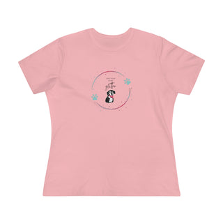 Dog Hair is my Glitter Women's Premium Tee in Pink. The Dog Hair is my Glitter design features a dog with the phrase "Dog Hair is my Glitter" above it and it is surrounded by a circle with paw prints.