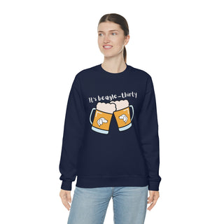 Beagle-Thirty Mugs Unisex Heavy Blend Crewneck Sweatshirt in Navy. The front of shirt showcases Two Dog Adorned Mugs clinking with the saying, "It's Beagle-Thirty" above it. Back of shirt features corresponding Benefit Beagle Logo.