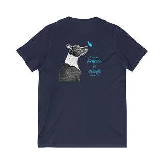 Lincoln Butterfly Unisex V-Neck Tee in Navy. Shown is back of shirt design showcasing profile of a dog with a blue butterfly on its nose and the phrase "Kindness is Strength" next to it. The front of shirt has Benefit Beagle Logo kissed by a Butterfly.