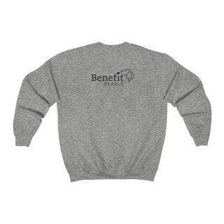 Signature Tattoo Flowers Crewneck Sweatshirt in Sport Grey. Shown is back of shirt with the Benefit Beagle Logo. Front of shirt has the Signature Tattoo Flowers design featuring a dog with flowers around it and the phrase "Beagletude" and "Nothing is Impawssible".