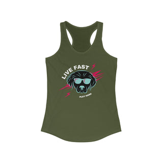 Play Hard Women's Ideal Racerback Tank in Military Green. The design features a cool dog with sunglasses and lightening bolts around it. The phrase "Live Fast, Play Hard" is around the design.