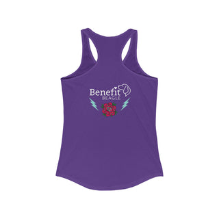 Stay Wild Women's Ideal Racerback Tank in Purple Rush.  Shown is the back of shirt with Benefit Beagle Logo complete with Tattoo Rose. On front of shirt is Stay Wild Design featuring a tattoo style rose with the phrase "Stay Wild, Play Hard" around it.