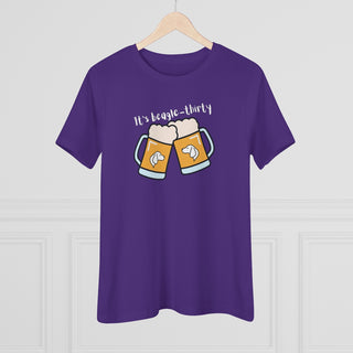 Beagle-Thirty Mugs Women's Premium Tee in Team Purple. The front of shirt showcases Two Dog Adorned Mugs clinking with the saying, "It's Beagle-Thirty" above it. Back of shirt features corresponding Benefit Beagle Logo.