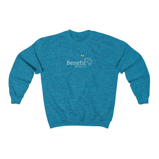 Bee Pawsitive Unisex Crewneck Sweatshirt in Antique Sapphire. The front of shirt features the Bee Pawsitive Benefit Beagle Logo. The back of shirt showcases a dog dressed as a bee in a field of sunflowers with "Bee Pawsitive" written above.