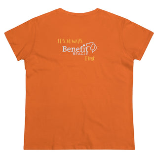 Beagle-Thirty Mugs Women's Midweight Cotton Tee in Orange. Shown is back of shirt featuring "Beagle-Thirty" Benefit Beagle Logo. The front Showcases Two Dog Adorned Mugs clinking with, "It's Beagle-Thirty" written above it.