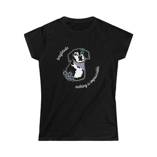 Signature Tattoo Flowers Women's Softstyle Tee in Black. Shown is front of shirt with the Signature Tattoo Flowers design featuring a dog with flowers around it and the phrase "Beagletude" and "Nothing is Impawssible". Back of shirt features the Benefit Beagle Logo.